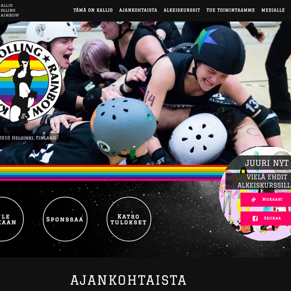 Screenshot of the Kallio Rolling Rainbow roller derby league wordpress site desktop version